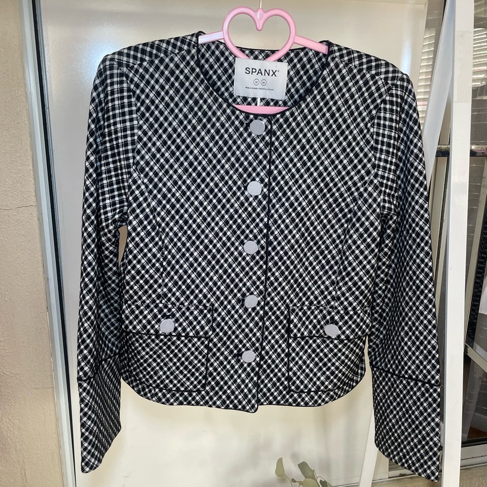 SPANX Black & White Gingham Cropped Jacket Blazer Size M‎ Quiet Luxury old money - Picture 4 of 10